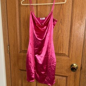 Satin Cowl Neck Slip Dress - Hot Pink